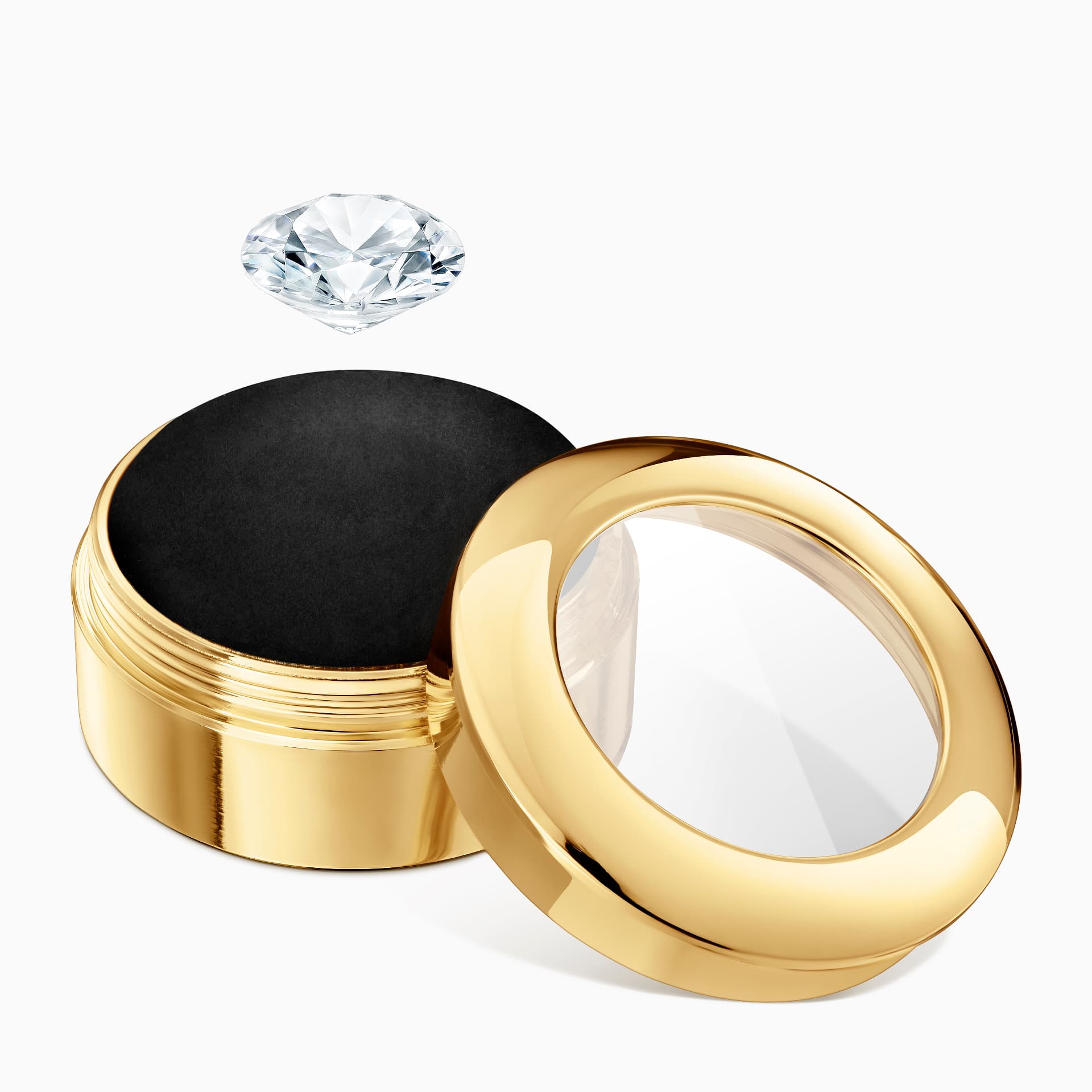 Brilliant-cut diamond above a co-branded gold presentation box